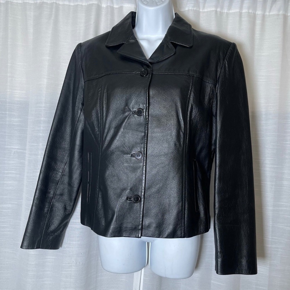 Clio Leather Jacket Women M Button Front 100% Leather Black Solid